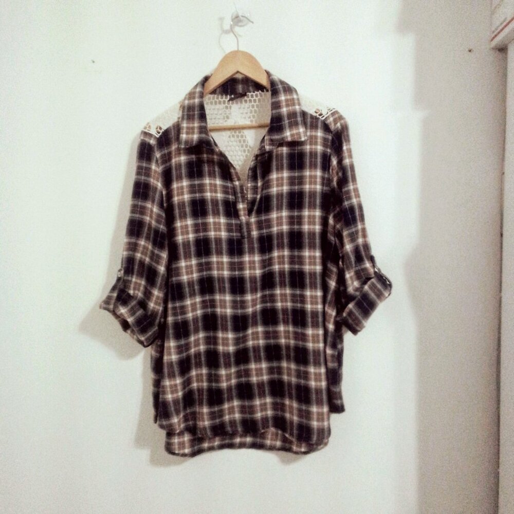 Lapis Women's Flannel Plaid Shirt Back Lace Multicolor Size 2X